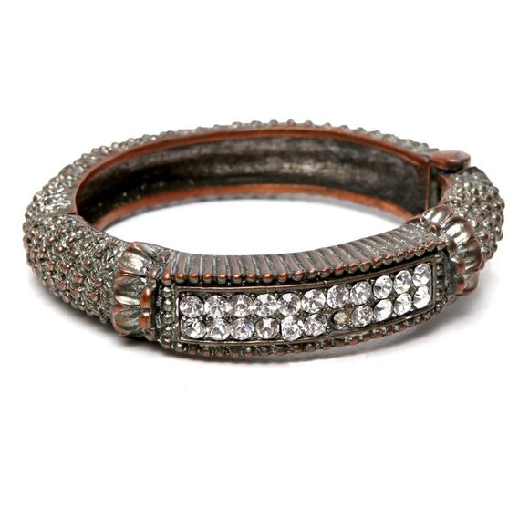 Vintage Copper Metal Indian Bracelet Rhinestone Ornate Heavy Patina Hinge Bangle - Picture 7 of 7